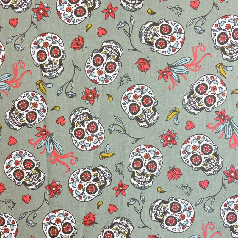 Algodón estampado CALAVERAS Caqui / Coral